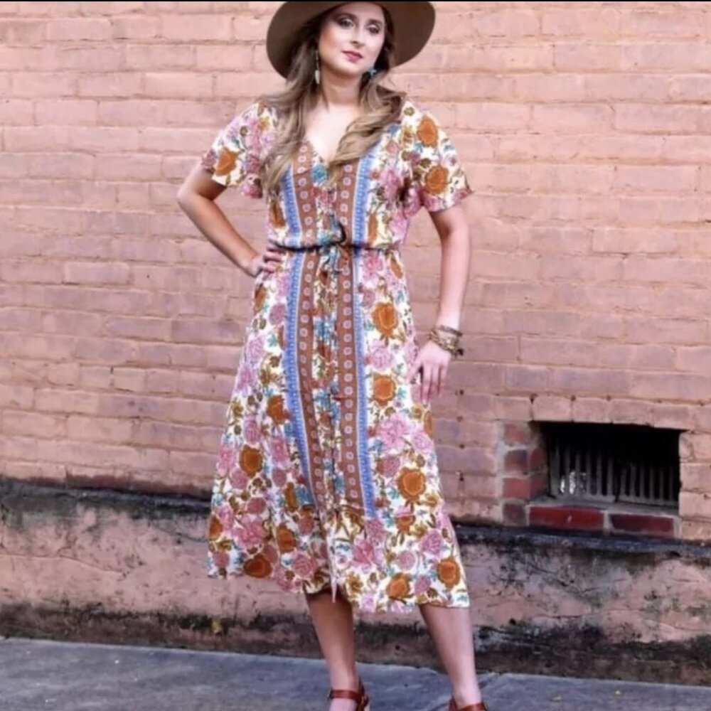 Matilda Jane Floral Front Button Ruffle Midi Dress Just For A Moment Small